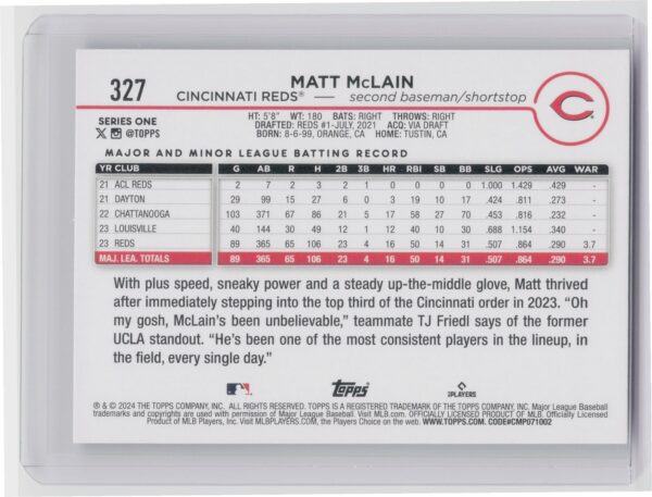 2024 Topps Matt McLain #327 Reds - Image 3