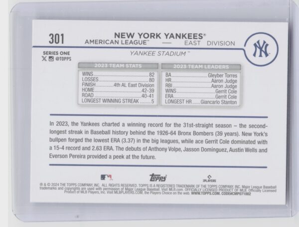 2024 Topps New York Yankees All Star Game #301 Yankees - Image 3