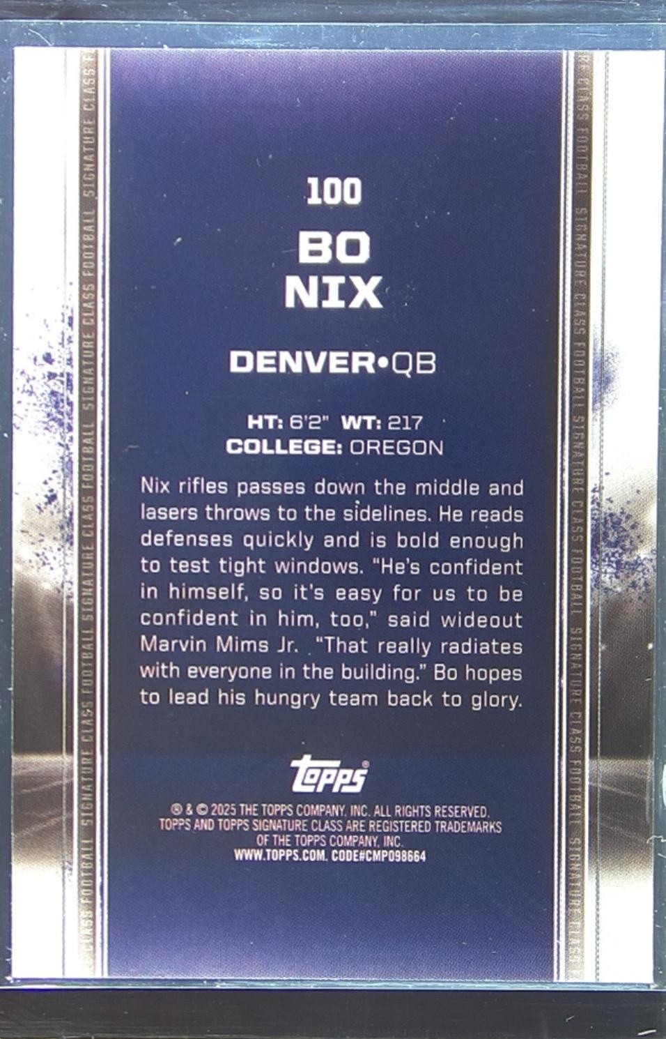 2024 Topps Signature Class Bo Nix RC #100 Broncos - Image 3