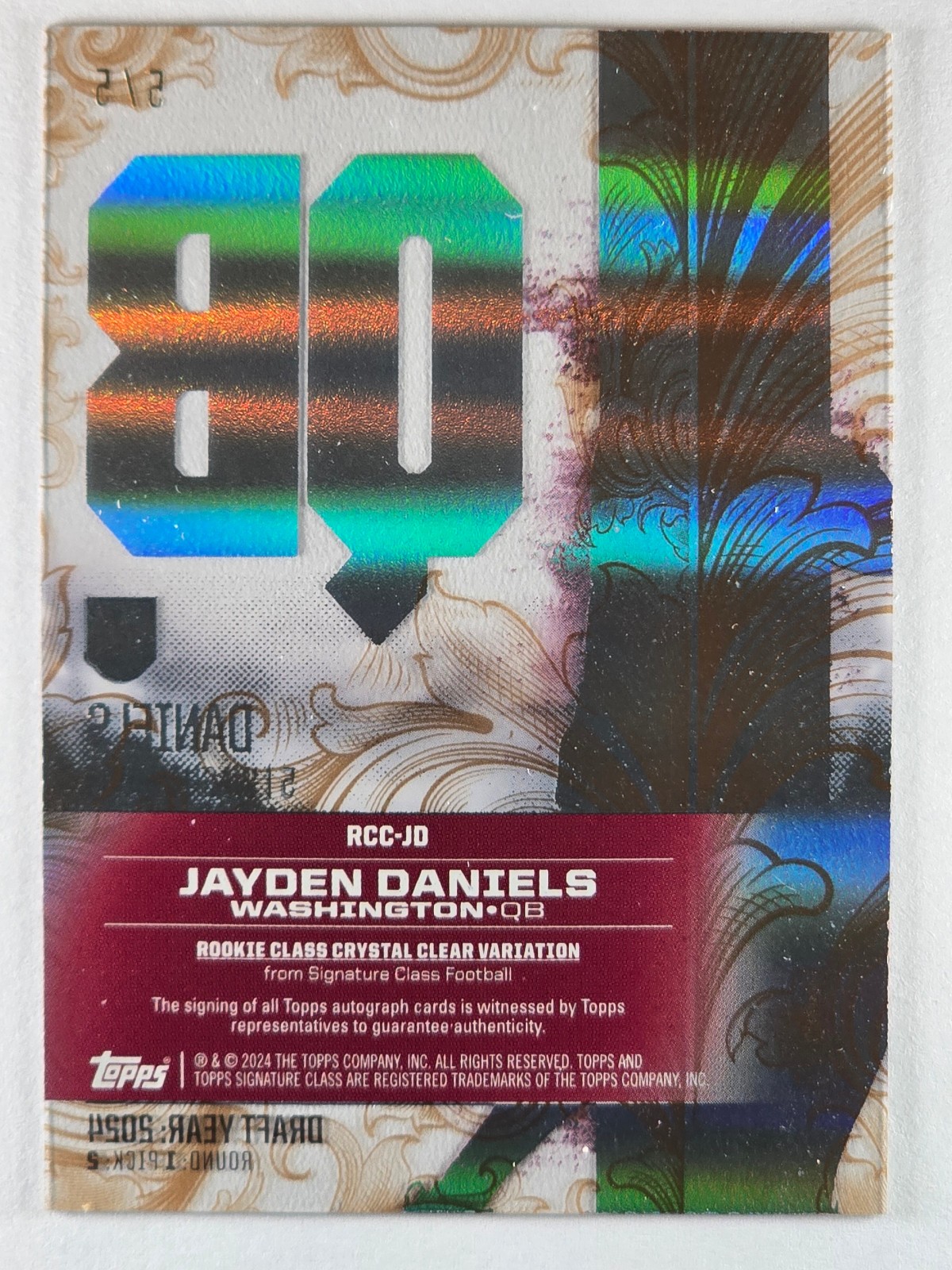 2024 Topps Signature Class Jayden Daniels Crystal Clear Auto 5/5 RC RCC-JD - Image 3