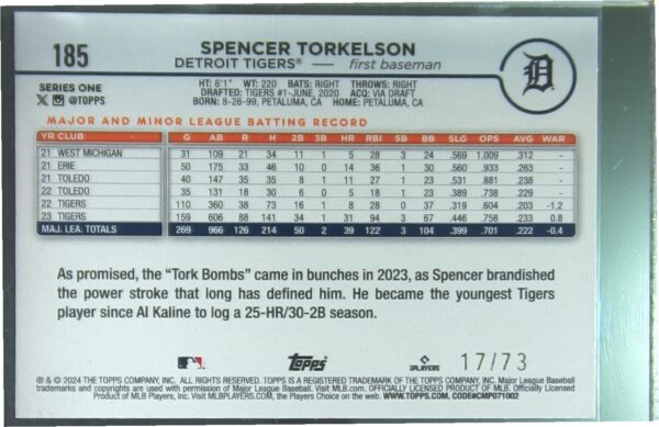 2024 Topps Spencer Torkelson Black /73 #185 Tigers - Image 3