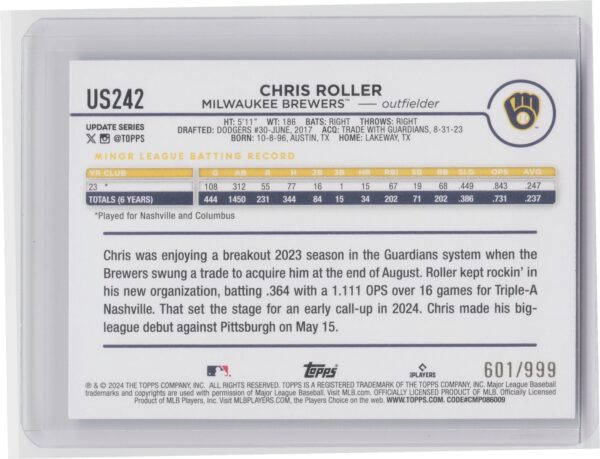 2024 Topps Update Chris Roller Blue Holofoil /999 #US242 Brewers - Image 3