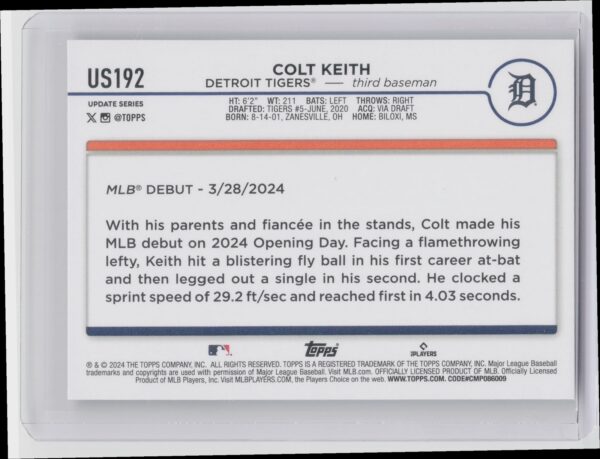 2024 Topps Update Colt Keith RC #US192 Tigers - Image 3