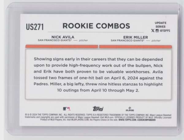 2024 Topps Update Erik Miller  / Nick Avila RC #US271 Giants - Image 3