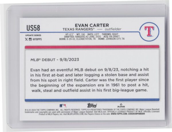 2024 Topps Update Evan Carter #US58 Rangers - Image 3