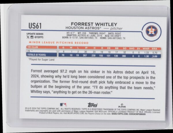2024 Topps Update Forrest Whitley RC #US61 Astros - Image 3