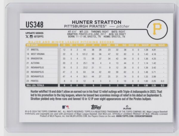 2024 Topps Update Hunter Stratton RC #US348 Pirates - Image 3