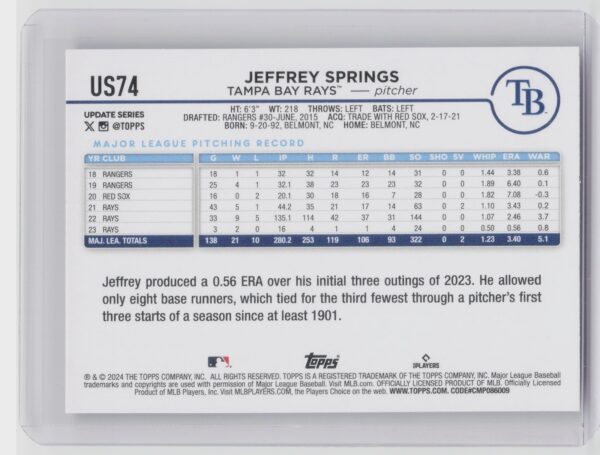 2024 Topps Update Jeffrey Springs #US74 Rays - Image 3