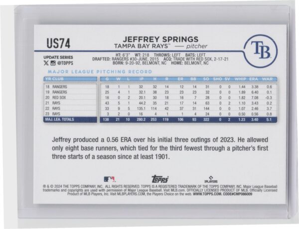 2024 Topps Update Jeffrey Springs #US74 Rays - Image 3