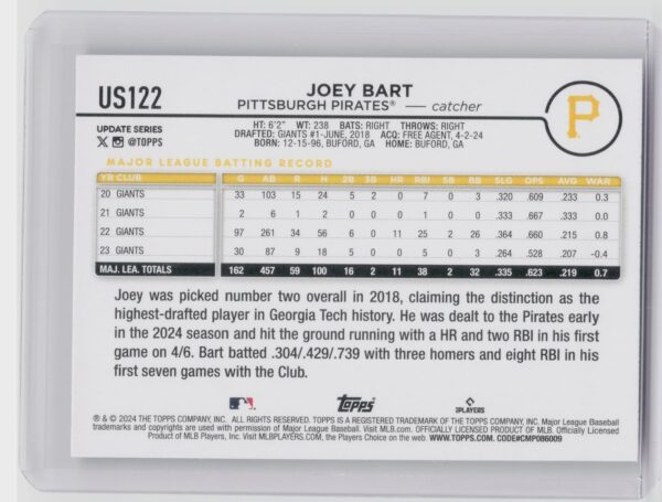 2024 Topps Update Joey Bart #US122 Pirates - Image 3