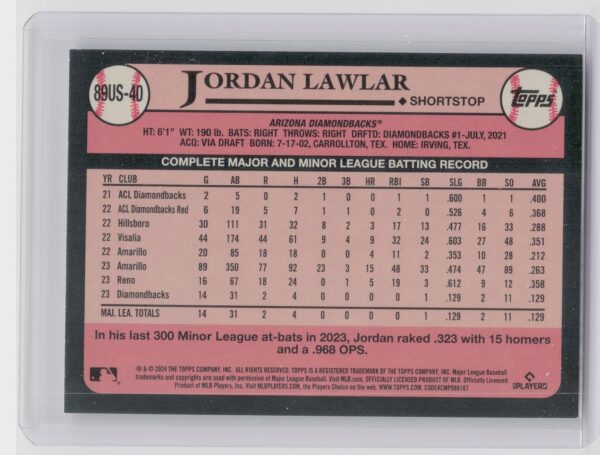 2024 Topps Update Jordan Lawlar #89US-40 Diamondbacks 1989 Topps Baseball 35th - Image 3