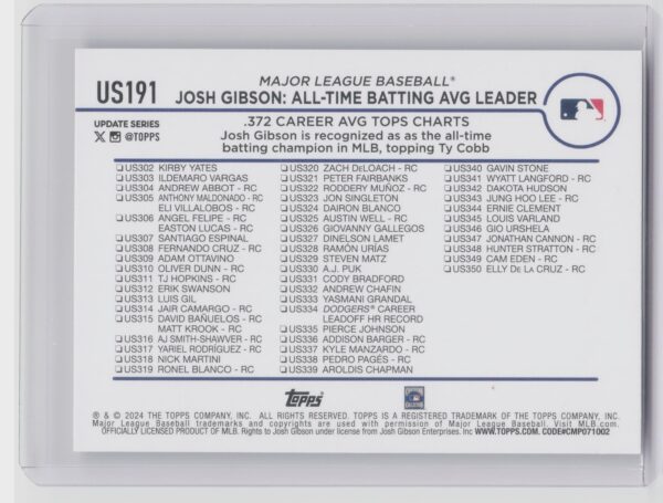 2024 Topps Update Josh Gibson #US191 Grays - Image 3