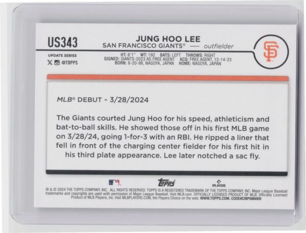 2024 Topps Update Jung Hoo Lee RC #US343 Giants - Image 3