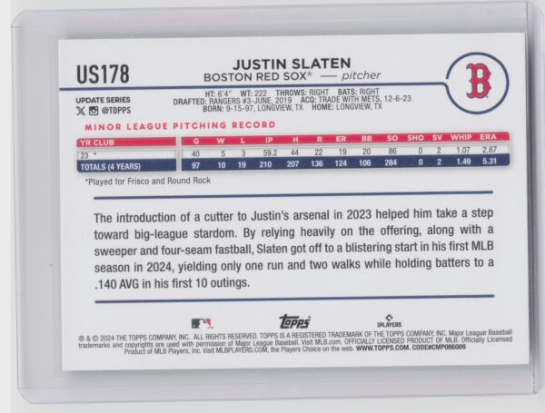 2024 Topps Update Justin Slaten RC #US178 Sox - Image 3
