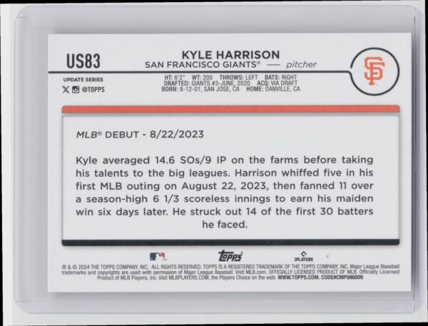 2024 Topps Update Kyle Harrison RC #US83 Giants - Image 3