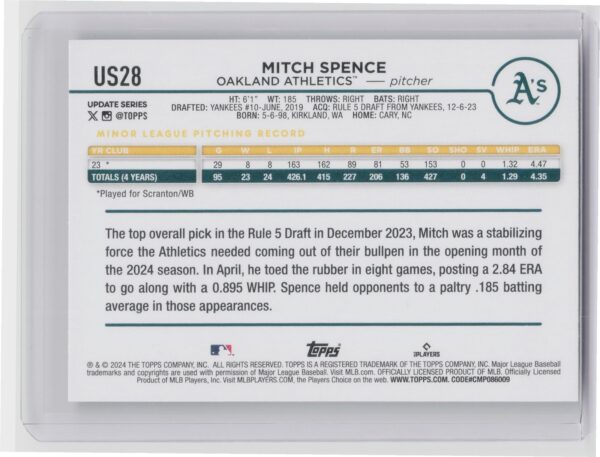 2024 Topps Update Mitch Spence RC #US28 Athletics - Image 3