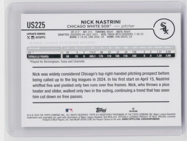 2024 Topps Update Nick Nastrini RC #US225 Sox - Image 3