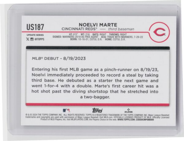 2024 Topps Update Noelvi Marte RC #US187 Reds - Image 3