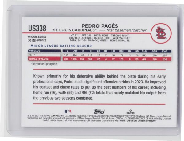 2024 Topps Update Pedro Pages RC #US338 Cardinals - Image 3