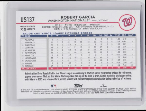 2024 Topps Update Robert Garcia RC #US137 Nationals - Image 3