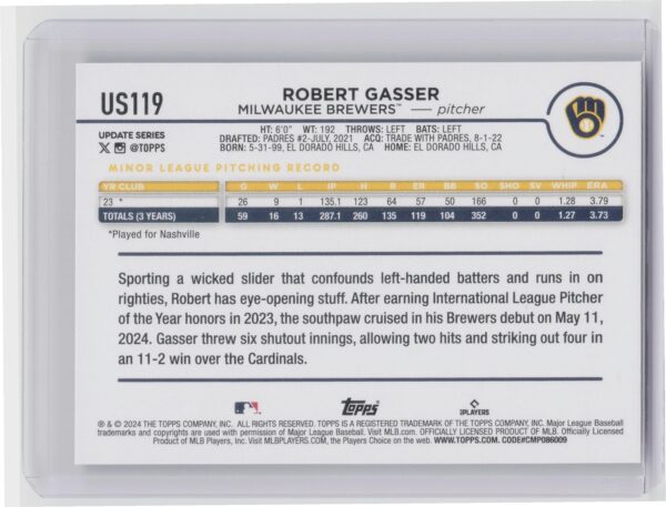 2024 Topps Update Robert Gasser RC #US119 Brewers - Image 3