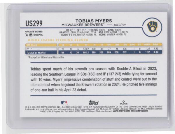 2024 Topps Update Tobias Myers RC #US299 Brewers - Image 3