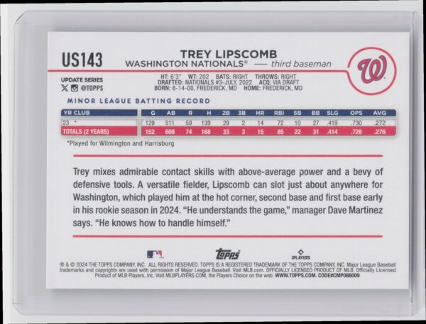 2024 Topps Update Trey Lipscomb RC #US143 Nationals - Image 3