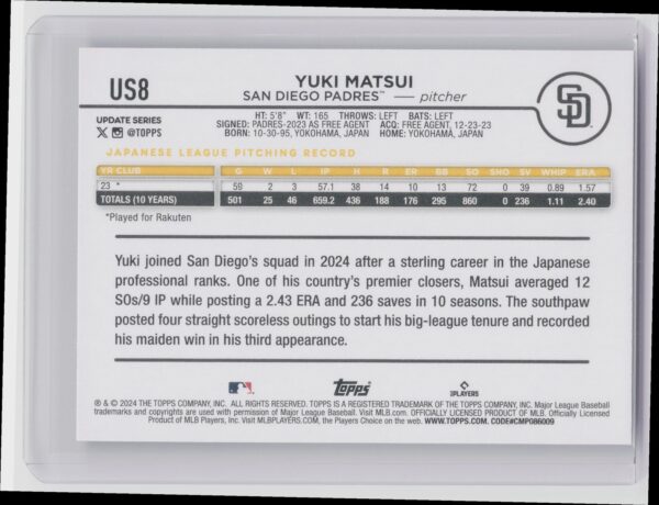 2024 Topps Update Yuki Matsui RC #US8 Padres - Image 3
