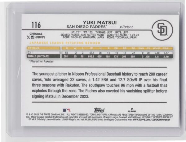 2024 Topps Yuki Matsui #116 Padres - Image 3