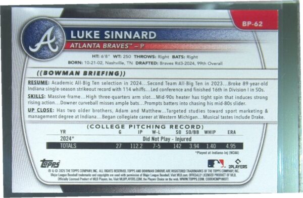 2025 Bowman Luke Sinnard #BP-62 Braves Prospects - Image 3