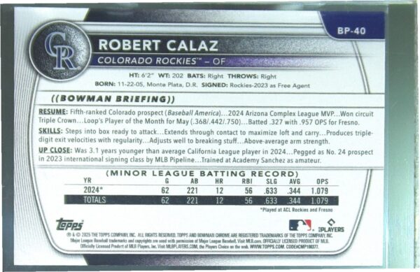 2025 Bowman Robert Calaz #BP-40 Rockies Prospects - Image 3