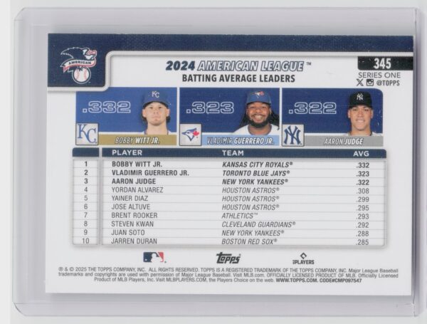 2025 Topps American League Leaders AVG (Bobby Witt Jr. / Vladimir Guerrero Jr. / - Image 3