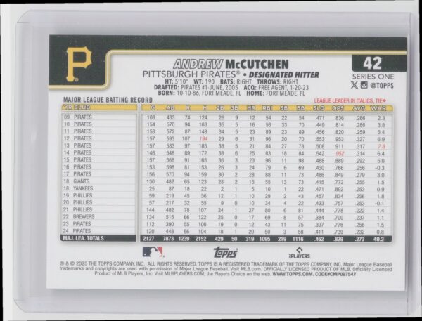 2025 Topps Andrew McCutchen Diamante Foil #42 Pirates - Image 3