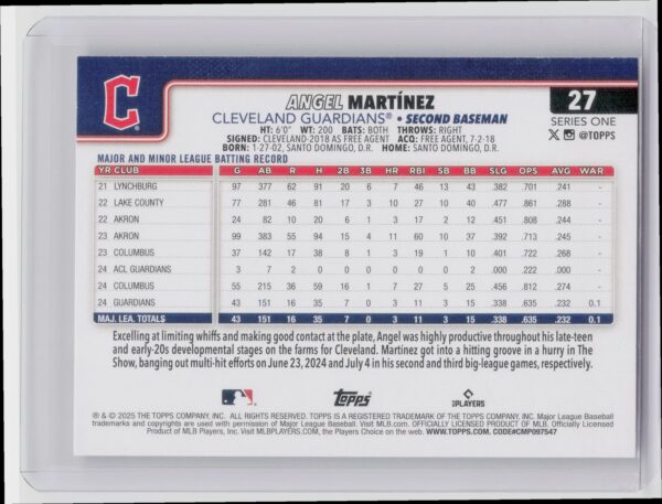 2025 Topps Angel Martinez RC #27 Guardians - Image 3