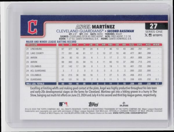 2025 Topps Angel Martinez RC #27 Guardians - Image 3