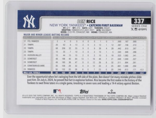 2025 Topps Ben Rice RC #337 Yankees - Image 3
