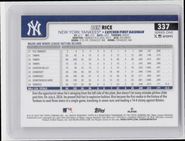 2025 Topps Ben Rice RC #337 Yankees - Image 3