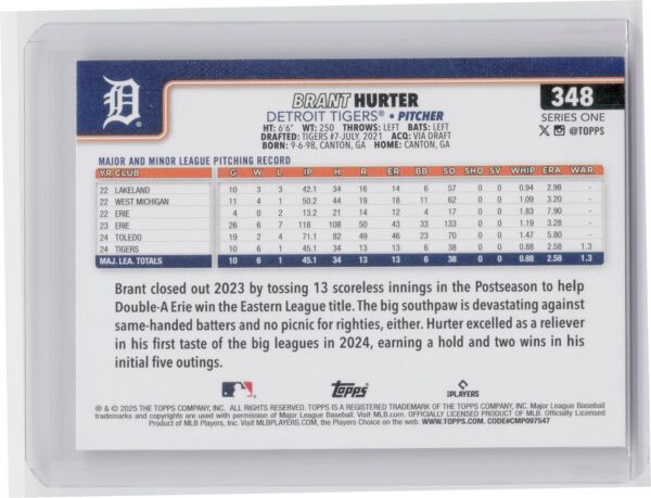 2025 Topps Brant Hurter RC #348 Tigers - Image 3