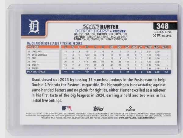 2025 Topps Brant Hurter RC #348 Tigers - Image 3