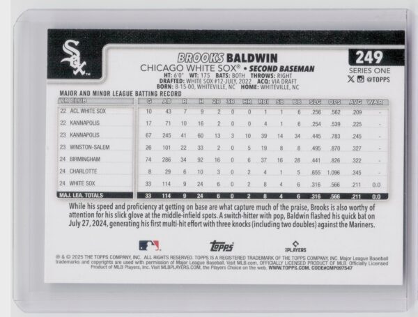 2025 Topps Brooks Baldwin RC #249 White Sox - Image 3