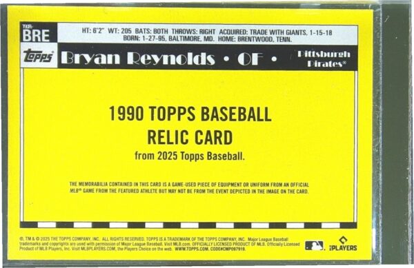 2025 Topps Bryan Reynolds JSY #T90R-BRE Pirates 1990 35th Anniversary relic - Image 3