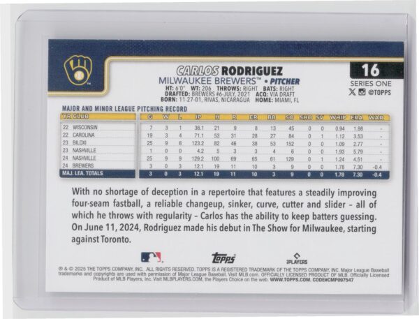 2025 Topps Carlos Rodriguez RC #16 Brewers - Image 3