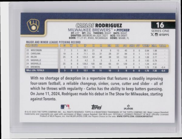 2025 Topps Carlos Rodriguez RC #16 Brewers - Image 3