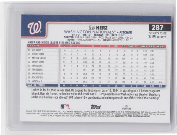 2025 Topps DJ Herz RC #287 Nationals - Image 3