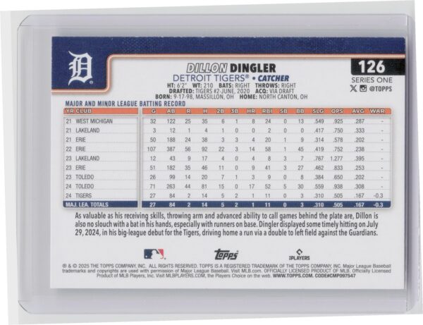 2025 Topps Dillan Dingler 126 Tigers - Image 3