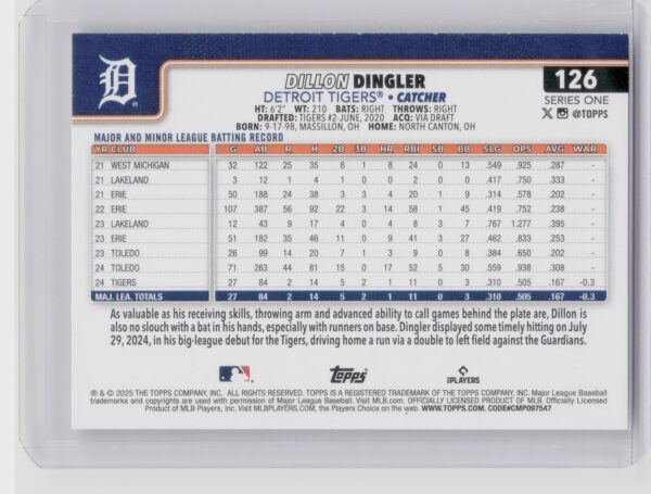 2025 Topps Dillon Dingler RC #126 Tigers - Image 3