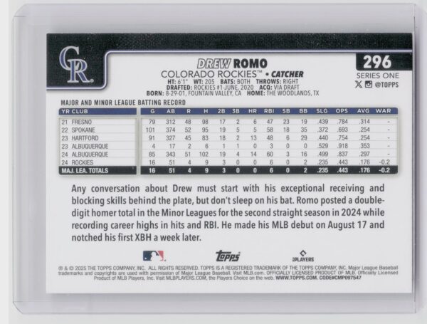 2025 Topps Drew Romo RC #296 Rockies - Image 3