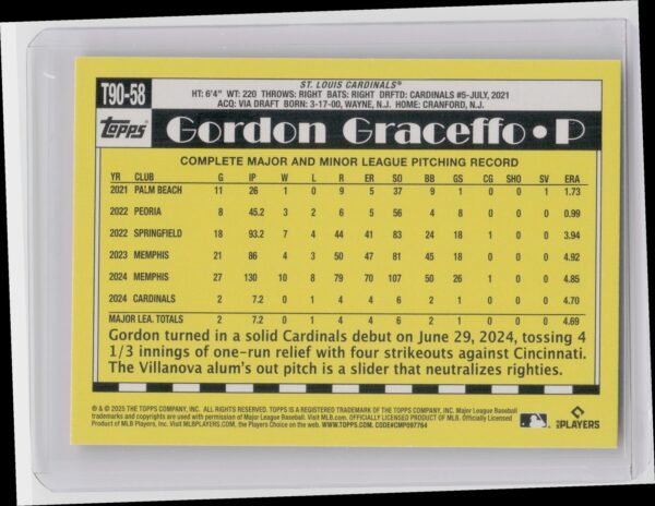 2025 Topps Gordon Graceffo #T90-58 Cardinals 1990 Topps Baseball 35th Anniversar - Image 3