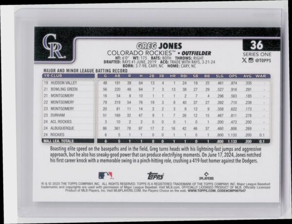 2025 Topps Greg Jones RC #36 Rockies - Image 3