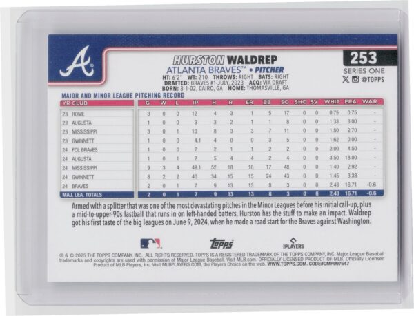 2025 Topps Hurston Waldrep RC #253 Braves - Image 3